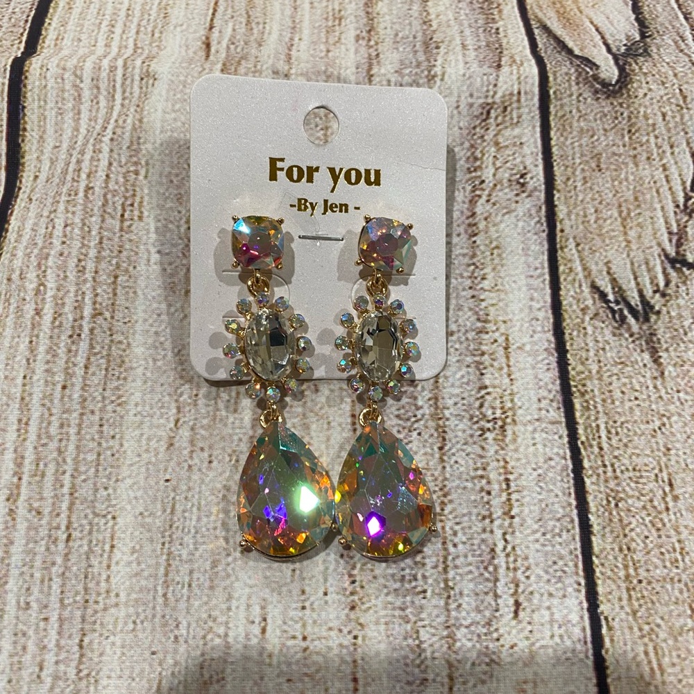 Gold and Silver Teardrop Dangle Earrings with Iridescent Pendants